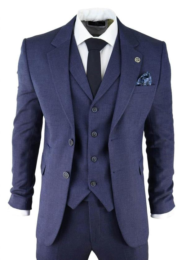 TruClothing Mens Navy Blue 3 Piece Tweed Herringbone Suit Peaky Blinders Classic Tailored