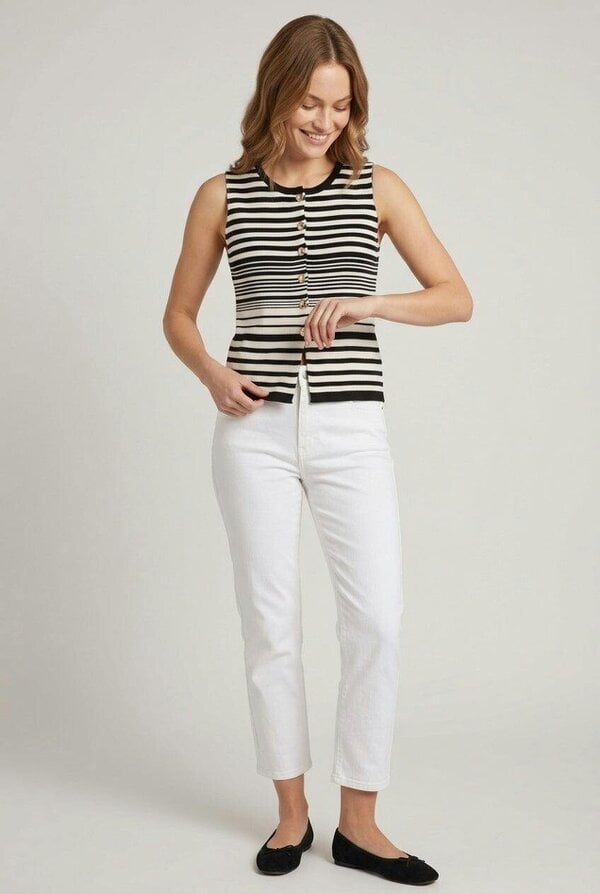 Izabel London Striped Sleeveless Button Up Knit Vest