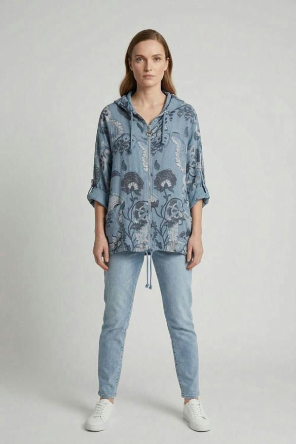 Blue | Floral Zip Front Hooded Relaxed Jacket
