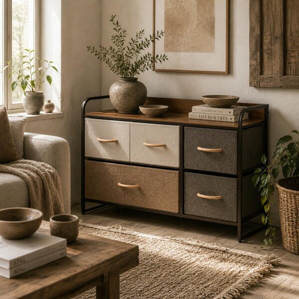 Wyld Haus Zini Brown 5 Linen Drawers Dresser With Steel Frame And Wood Top