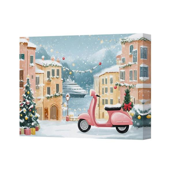 Benjamin Tate Design Winter Village Scene Canvas Art With Pink Scooter And Snowfall