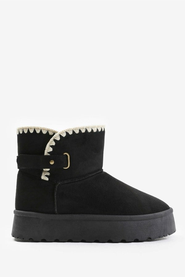 Where's That From Calla Flatform Fur Lining Ankle Boot With Velcro Fastening In Black Suede