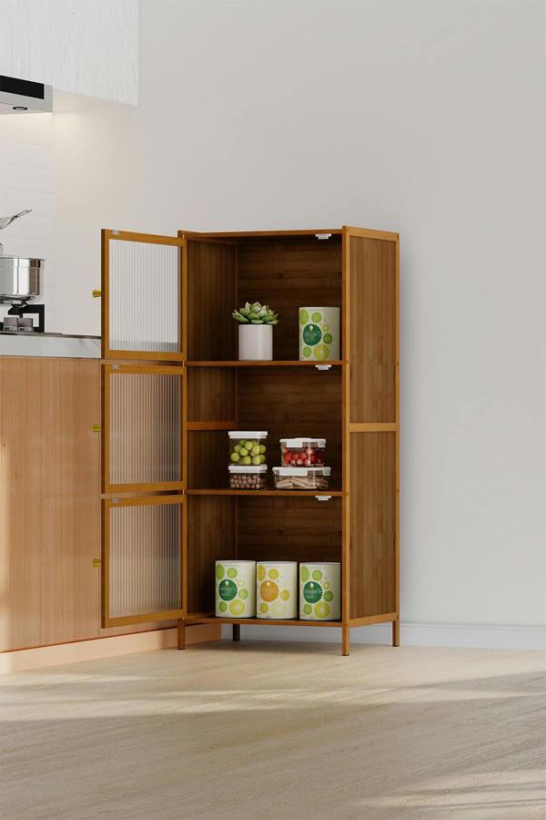 Living and Home Versatile 3-Tier Bamboo Storage Cabinet Bookcase Bookshelf Storage Rack w/ Doors