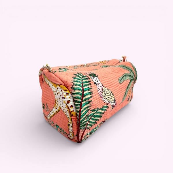 Hayley & Co Jungle Print Cotton Washbag, Make Up Bag, Pencil Case with Waterproof Lining - Jungle Animal Print in Peach