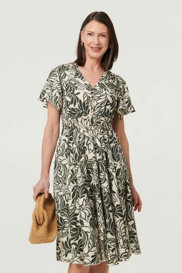 Khaki | Leaf Print Shirred Knee Length Dress
