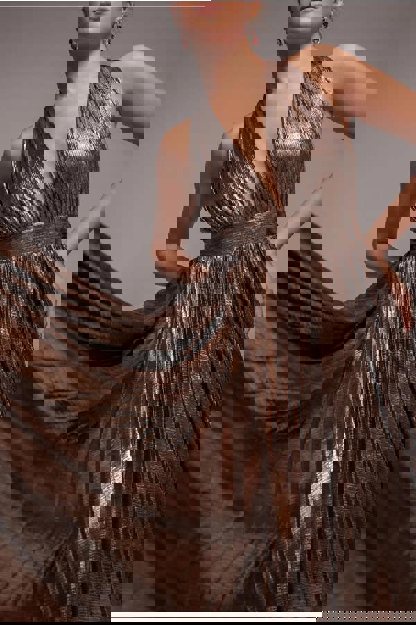 Sunrise Foil Halterneck A-Line Maxi Dress - Bronze DR4697