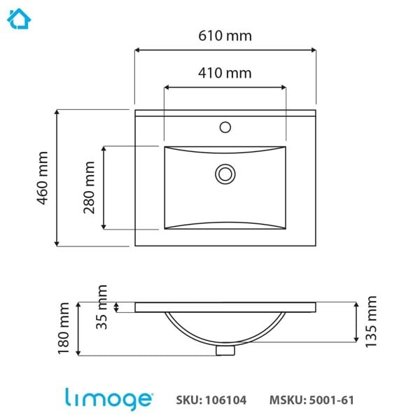 Limoge 5001 Ceramic 61cm Mid-Edge Inset Basin with Scooped Bowl