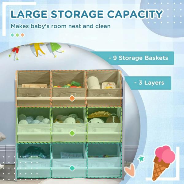 Kids storage rack with nine open baskets across three layers, grey and white bin set