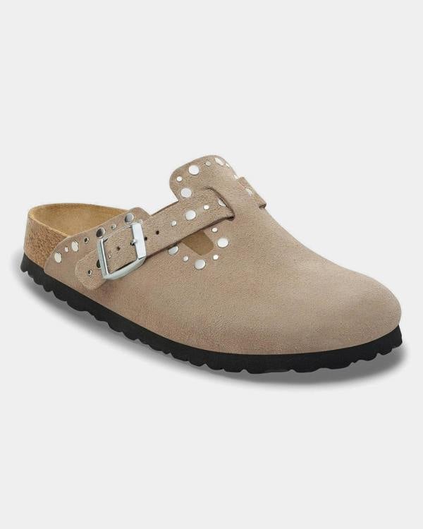 Birkenstock Boston Rivet Suede Leather Womens Clogs - Taupe | CHO | Designer Womens Clogs