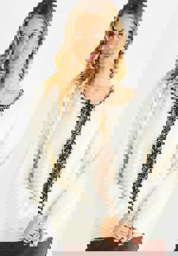 Gini London Cream Contrast Animal Tie Oversized Knit Cardigan