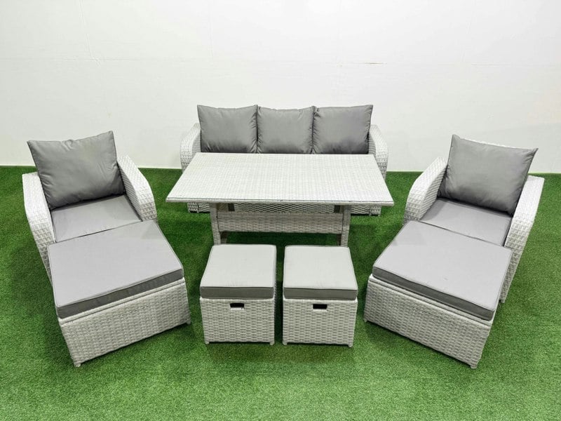 Fimous PE Rattan Lounge Sofa Set 9 Seater Outdoor Garden Furniture Set with Dining Table 3 Seater Sofa 2 Big Footstools Light Grey