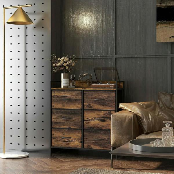 Rustic brown fabric drawer chest with black frame and six drawers, full cabinet front