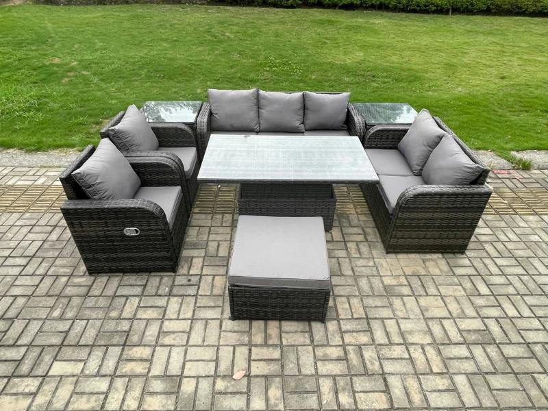 Fimous 8 Seater PE Rattan Garden Furniture Patio Set, Adj Height Dining Table, Reclining Chair Sofa, 2 Side Tables, Big Footstool, Dark Grey Mixed