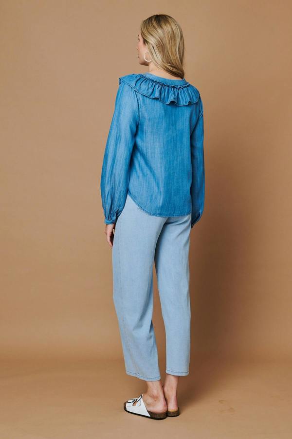 Blue | Frilled V-Neck Long Sleeve Blouse