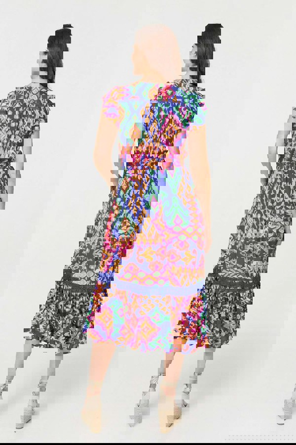 Blue | Ikat Print Lace Trim Midi Smock Dress
