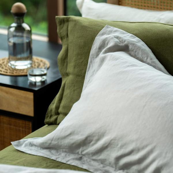 Light Grey French Linen Duvet Cover in a styled bedroom 3 | Soak and Sleep