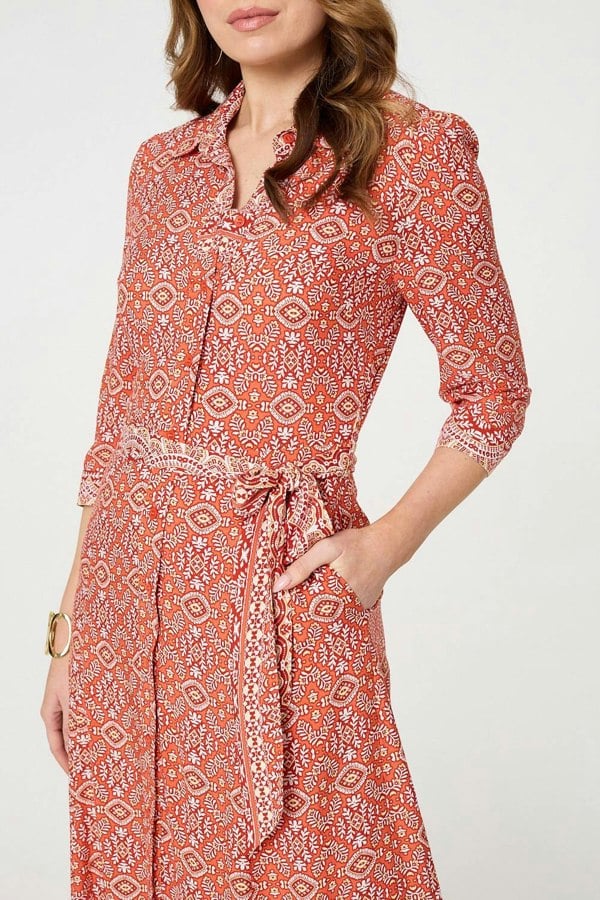 Orange | Geo Print Tie Waist Maxi Shirt Dress

