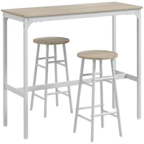 Wyld Haus Faro Wooden Oak 3 Piece Industrial Bar Table And Stool Set