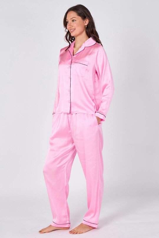 Elaina Fashion Women's Pink Satin Pyjama Sleepwear Set with pockets- Long Sleeves Soft