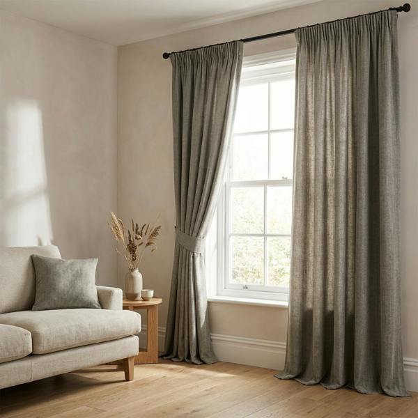 Braga made-to-measure curtains in Koala, styled in a living room