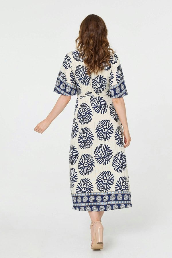 Navy | Floral Flared Sleeve Ruched Midi Dress