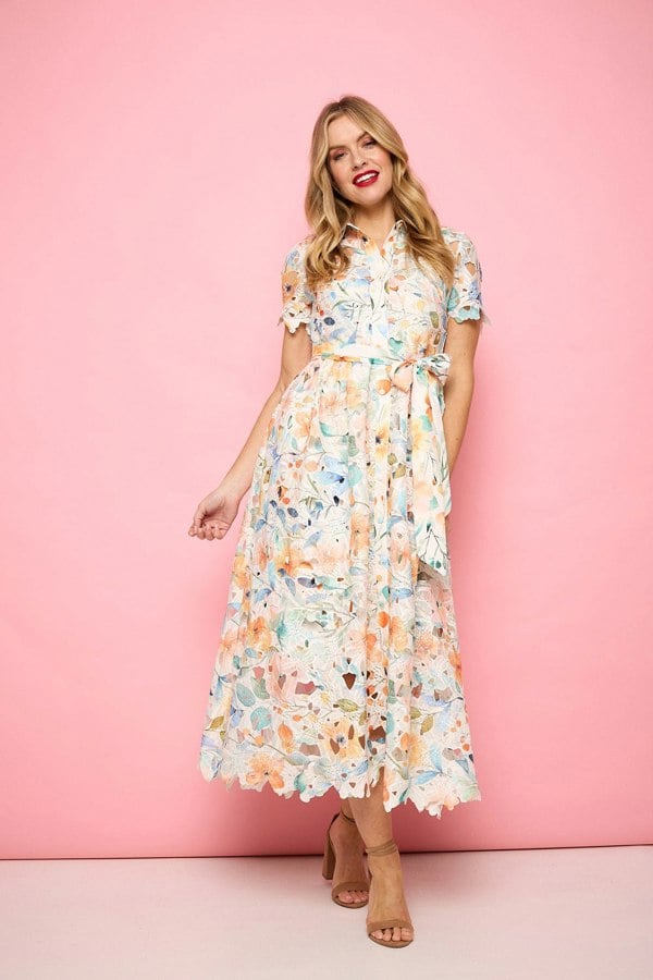 Orange | Floral Cut Out Tie Waist Midi Shirt Dress : Model is 5'10"/178 cm and wears UK8/EU36/US4/AUS8