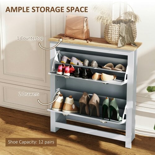 Wyld Haus Kamcha Grey and Natural Wood Narrow Shoe Cabinet With 2 Flip Drawers For 6 To 12 Pairs