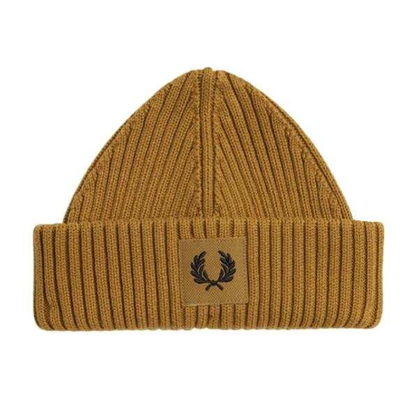 Fred Perry Branded Patch Dark Caramel Ribbed Beanie 1SZ