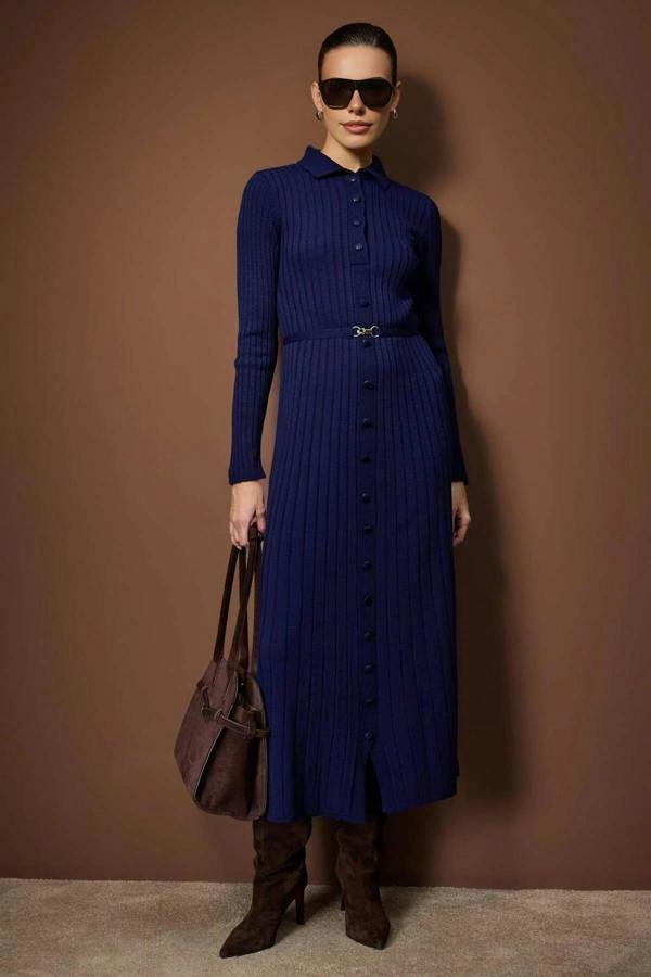 WOVCOR Ribbed Knit Dress with Belt Detail