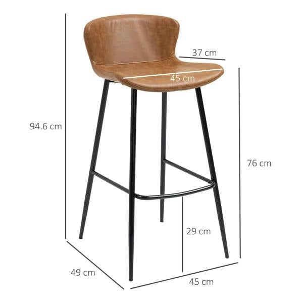 Brown bar stool with curved back, round seat, black steel legs, and arched footrest