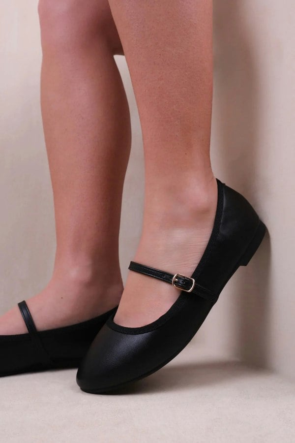 Where's That From Josie Wide Fit Ballerina Flats With Strap Detail in Black Faux Leather