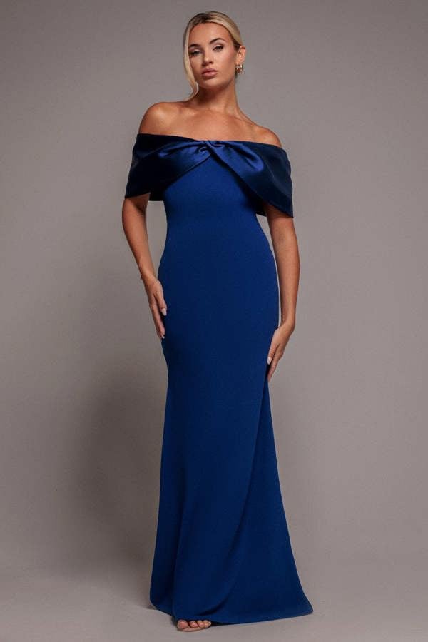 Goddiva Twist Knot Satin & Scuba Bardot Maxi Dress - Royal Blue by Goddiva