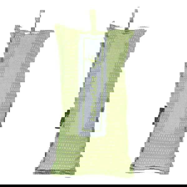 Green textured fabric handbag with pine wood scented white label