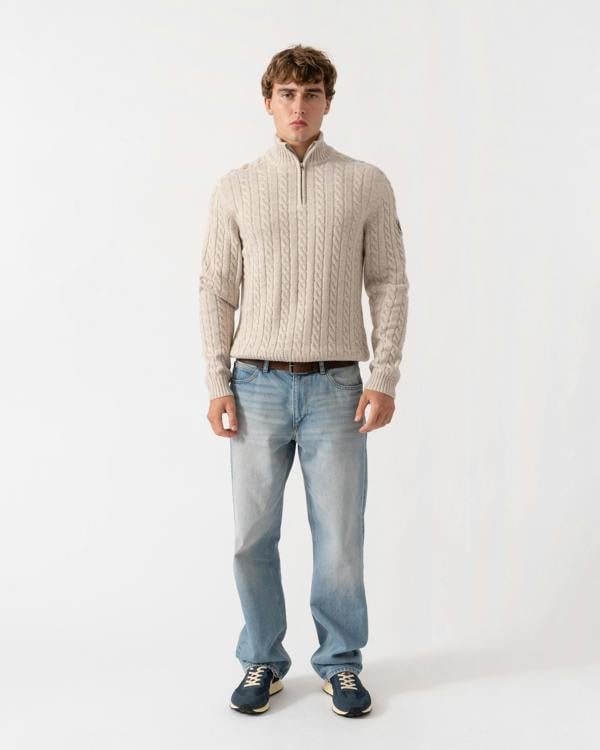 Outfit shot of Belstaff Mens Westport Quarter Zip Cable Knit Jumper - Pale Stone
