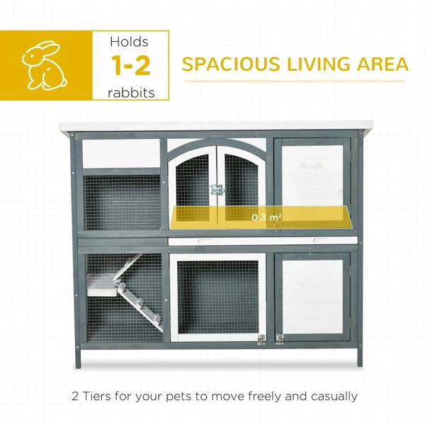 Grey 2-tier wooden rabbit hutch with arched entry, wire mesh sections, and sliding tray