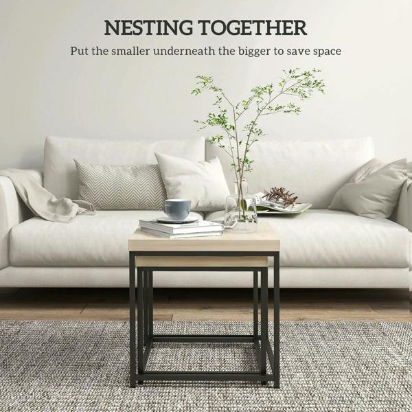 Oak-look coffee table with black frame, shown nested beside a larger table