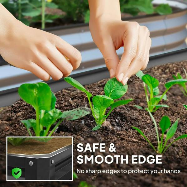Square raised garden bed with grey metal frame, planted with leafy greens