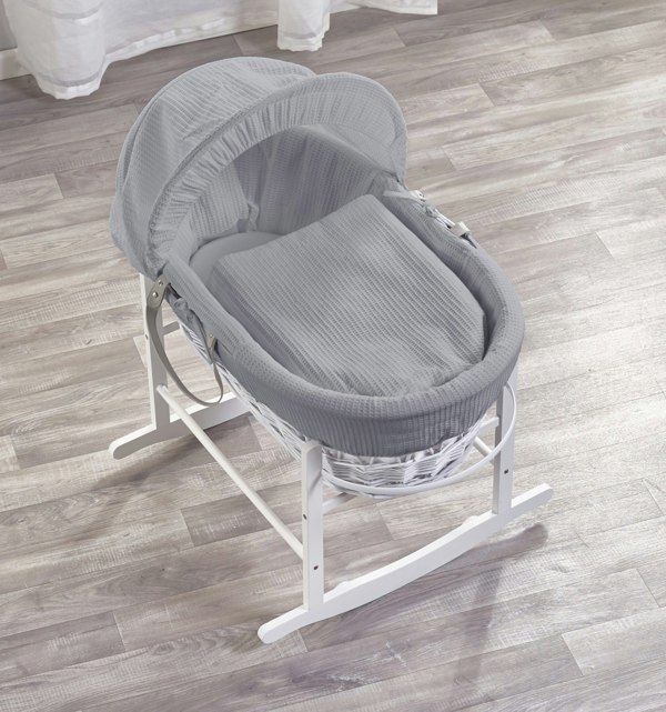 Kinder Valley Grey Waffle White Wicker Moses Basket with Rocking Stand White