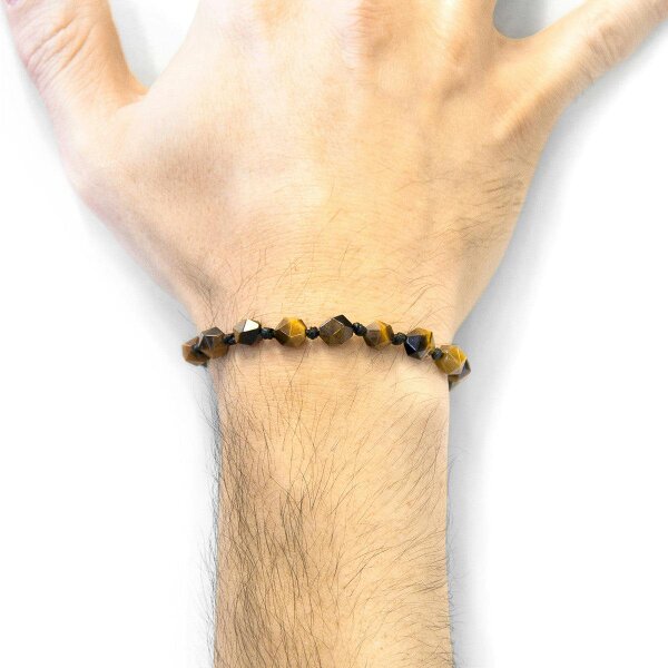 Anchor & Crew Brown Tigers Eye Zebedee 9ct Yellow Gold and Stone Beaded Macrame Bracelet