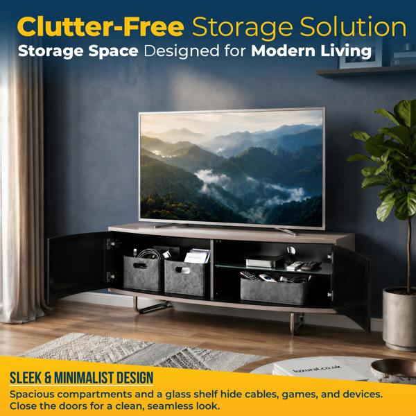 Homeology Caru Gloss Black Greige Beam-Thru Remote Friendly Super-Contemporary "D" Shape Design 32"-65" LED/OLED/LCD TV Cabinet
