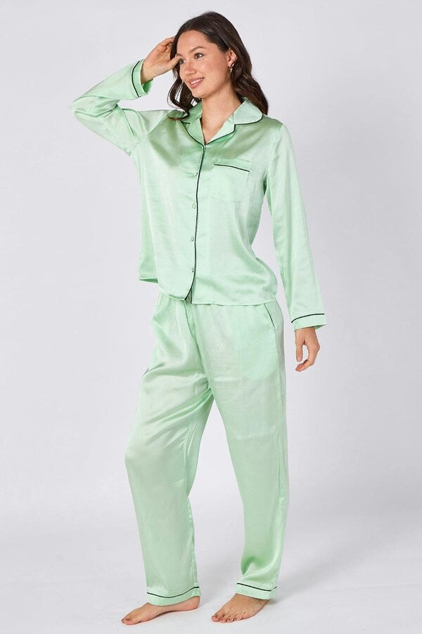 Mint Green Satin Pyjama Set – Luxury Long Sleeve Ladies PJ Set