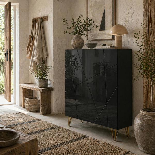 Wyld Haus Taco Mosa Wooden Black Slim Shoe Cabinet Modern Geometric Pattern For 15 To 20 Pairs
