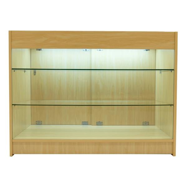 Maple Helios LED shop counter set with two K1200 shelves, featuring glass panels and soft interior lighting for display