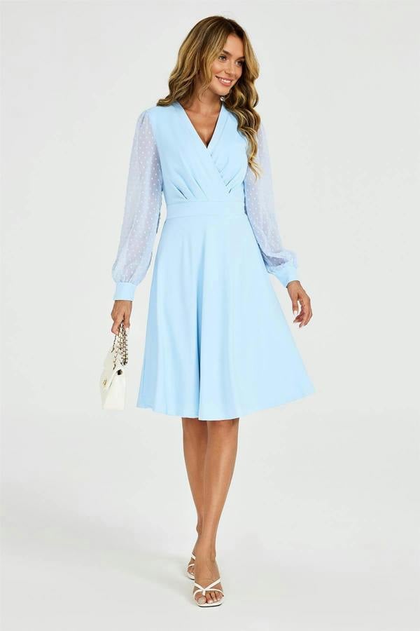 FS Collection Long Sleeve Pleated Detail Midi Dress In Pale Blue