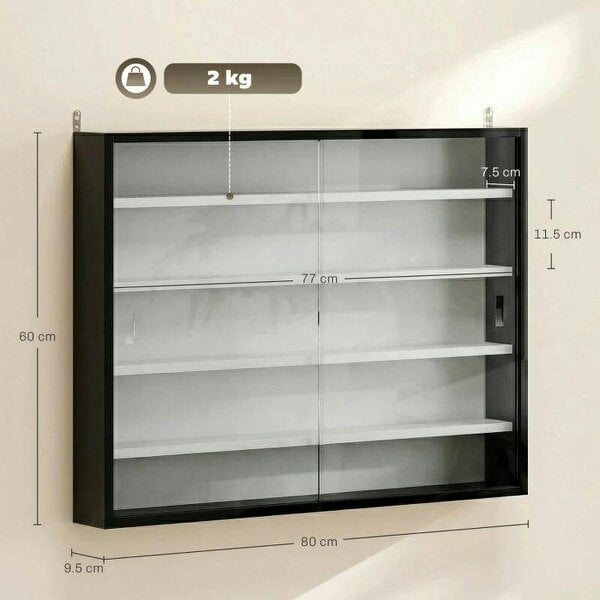 5-Tier Wall Display Cabinet, Wall Mounted Display Case w/ 4 Adjustable Shelves, Glass Doors, 60x80cm, Black and White