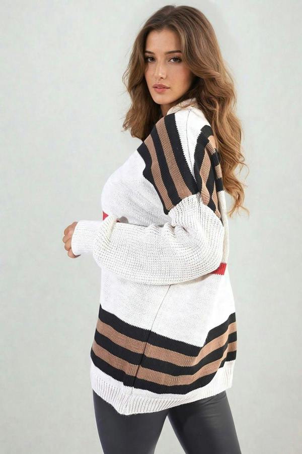Ava Oversized Striped Long Sleeve Knitted Jumper - Beige
