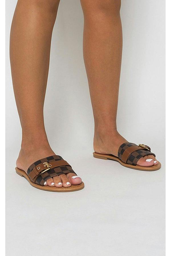 Ariah Open Toe Flat Sandals - Brown