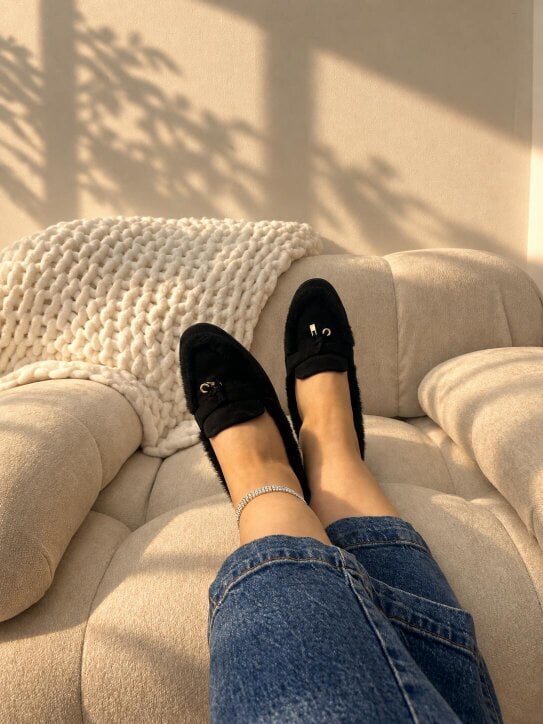 Love Lemonade Mollie Faux Suede Fur Lined Flat Penny Detail Moccasin Loafers Black