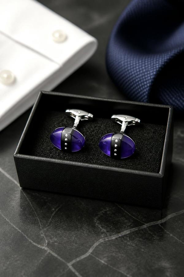 Purple & Black Striped Oval Cufflinks