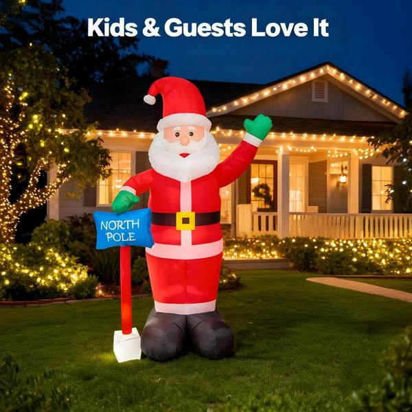 1.8m to 2.4m Inflatable Waving Santa with North Pole Sign, White LED Lights image 3